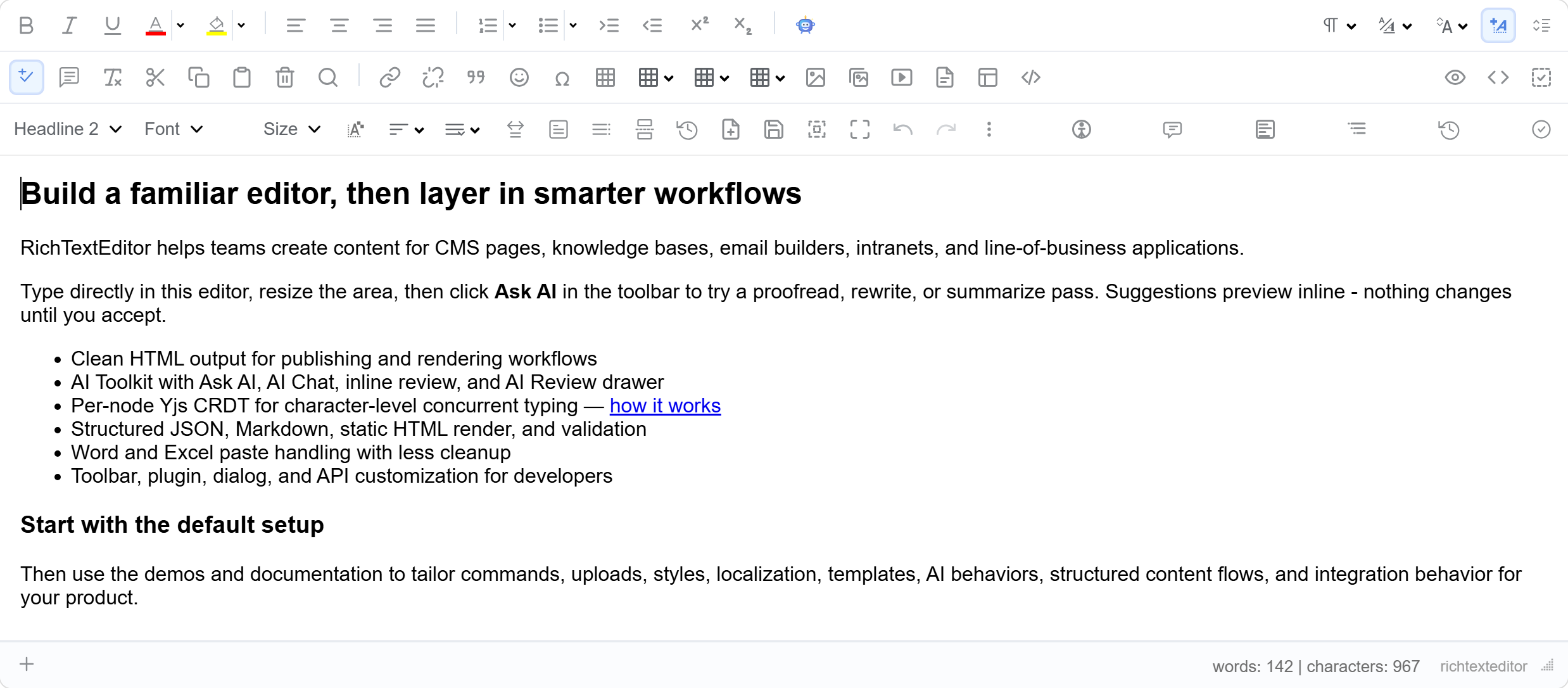 RichTextEditor running in a browser: a three-row formatting toolbar with AI, table, media, comment and track-changes commands above an edited document, with a live word and character count.